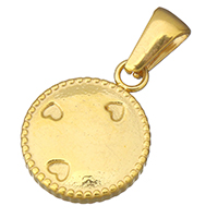 Bijoux pendentifs en acier inoxydable , Plat rond, Placage de couleur d'or, avec le motif de coeur, 13x16x3mm, Trou:Environ 3x5mm, Vendu par PC