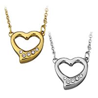 Stainless Steel Jewelry Necklace, Heart, plated, oval chain & with rhinestone, more colors for choice, 16x15mm, 1.5mm, Sold Per Approx 17 Inch Strand