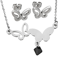 Austrian Crystal Jewelry Sets, earring & necklace, Stainless Steel, with Austrian Crystal, Butterfly, oval chain & faceted, original color, 31x19mm, 1.5mm, 10x8mm, Length:Approx 17 Inch, Sold By Set