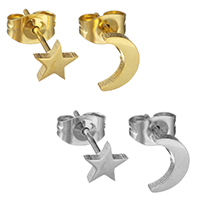 asymmetrische Ohrringe, Edelstahl, Mond und Sterne, plattiert, keine, 6x6mm, 5x8mm, 12PaarePärchen/Menge, verkauft von Menge
