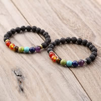 Unisex Bracelet, Lava, with Gemstone & Velveteen & Tibetan Style, plated, different styles for choice, 8mm, Length:Approx 7.5-7.8 Inch, 5Strands/Lot, Sold By Lot