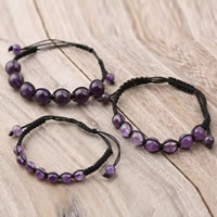 Amethyst Woven Ball Bracelets, with Nylon Cord & Velveteen, February Birthstone & Unisex & adjustable & different size for choice, Sold Per 7.5-8 Inch Strand