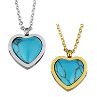Unisex Necklace, Stainless Steel, with Turquoise, with 2Inch extender chain, Heart, plated, oval chain, more colors for choice, 14x17mm, 2mm, Sold Per Approx 18 Inch Strand