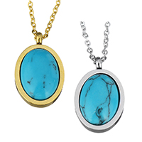 Unisex Necklace, Stainless Steel, with Turquoise, with 2Inch extender chain, Flat Oval, plated, oval chain, more colors for choice, 13x20mm, 2mm, Length:Approx 18 Inch, Sold By PC