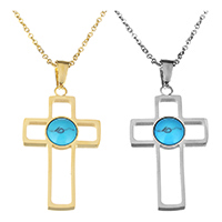 Unisex Necklace, Stainless Steel, with Turquoise, with 2Inch extender chain, Cross, plated, oval chain, more colors for choice, 20x35mm, 2mm, Sold Per Approx 18 Inch Strand