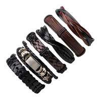 PU Leather Bracelet Set, with Waxed Nylon Cord & Cowhide & Tibetan Style, platinum color plated, adjustable & for man, Length:Approx 7-7.8 Inch, 6Strands/Set, Sold By Set