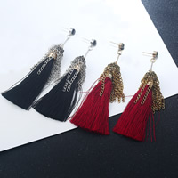 Fashion Fringe Earrings, Tibetan Style, with Cotton Cord, brass post pin, plated, for woman & with rhinestone, more colors for choice, nickel, lead & cadmium free, 20x110mm, Sold By Pair