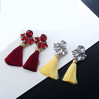 Fashion Fringe Earrings, Tibetan Style, with Cotton Cord & Crystal, brass post pin, antique gold color plated, for woman & faceted & with rhinestone, more colors for choice, nickel, lead & cadmium free, 20x68mm, Sold By Pair