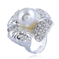 Zinc Alloy Open Finger Ring with Plastic Pearl Flower platinum color plated for woman & with rhinestone nickel lead & cadmium free 34mm US Ring Sold By PC