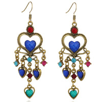 Fashion Fringe Earrings, Tibetan Style, with Resin, iron earring hook, Heart, antique bronze color plated, for woman & with rhinestone, more colors for choice, lead & cadmium free, 65x28mm, Sold By Pair