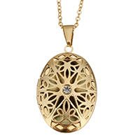 Fashion Locket Pendants, Stainless Steel, Flat Oval, gold color plated, oval chain & for woman & with rhinestone & hollow, 26x38.5x10mm, 2mm, Inner Diameter:Approx 18x27mm, Sold Per Approx 17.5 Inch Strand