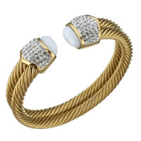 Stainless Steel Cuff Bangle, with Rhinestone Clay Pave & Resin, gold color plated, adjustable & faceted, 16x15mm, 12mm, Inner Diameter:Approx 56x49mm, Sold By PC