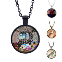 Zinc Alloy Sweater Necklace with iron chain & Glass Flat Round plated time gem jewelry & Unisex & oval chain & decal lead & cadmium free 25mm Length Approx 27.5 Inch Sold By Bag