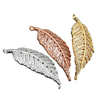 Cubic Zirconia Micro Pave Brass Pendant, Leaf, plated, micro pave cubic zirconia & hollow, more colors for choice, 13x37x8mm, Hole:Approx 1.5mm, 20PCs/Lot, Sold By Lot
