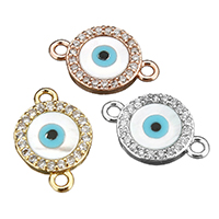 Evil Eye Connector, Brass, with White Shell, Flat Round, plated, evil eye pattern & micro pave cubic zirconia & 1/1 loop, more colors for choice, 13.50x9x2mm, Hole:Approx 1.5mm, 20PCs/Lot, Sold By Lot