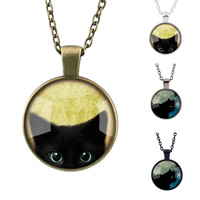 Zinc Alloy Sweater Necklace with iron chain & Glass Flat Round plated time gem jewelry & Unisex & oval chain & decal lead & cadmium free 25mm Length Approx 27.5 Inch Sold By Bag