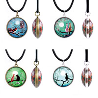 Tibetan Style Necklace, with Waxed Linen Cord & Glass, Flat Round, plated, time gem jewelry & Unisex & oval chain & decal, more colors for choice, lead & cadmium free, 25mm, Length:Approx 17.5 Inch, 3Strands/Bag, Sold By Bag