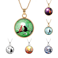 Tibetan Style Sweater Necklace, with Glass, Flat Round, plated, time gem jewelry & Unisex & ball chain & decal, more colors for choice, lead & cadmium free, 25mm, Length:Approx 23.5 Inch, 3Strands/Bag, Sold By Bag