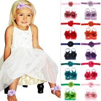 Satin Ribbon Hair Jewelry Set Baby Barefoot Sandals & headband with Chiffon & Plastic Pearl Flower elastic & for children & with rhinestone 50mm Length Approx 14.9 Inch Sold By Set