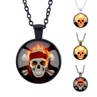 Tibetan Style Sweater Necklace, with iron chain & Glass, Flat Round, plated, time gem jewelry & with skull pattern & Unisex & decal, more colors for choice, lead & cadmium free, 25mm, Length:Approx 27.5 Inch, 3Strands/Bag, Sold By Bag