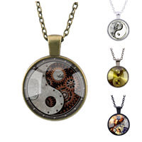 Tibetan Style Sweater Necklace, with iron chain & Glass, Flat Round, plated, time gem jewelry & Unisex & oval chain & decal, more colors for choice, lead & cadmium free, 25mm, Length:Approx 27.5 Inch, 3Strands/Bag, Sold By Bag