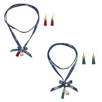 Tibetan Style Jewelry Sets, sweater chain necklace & earring, Denim, with Glass Pearl & Tibetan Style, gold color plated, for woman, more colors for choice, 58mm, Length:Approx 39.4 Inch, Sold By Set