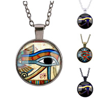 Tibetan Style Sweater Necklace, with iron chain & Glass, Flat Round, plated, time gem jewelry & Unisex & oval chain & decal, more colors for choice, lead & cadmium free, 25mm, Length:Approx 27.5 Inch, 3Strands/Bag, Sold By Bag