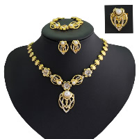 Tibetan Style Jewelry Sets, finger ring & bracelet & earring & necklace, with Resin Pearl, with 1.9lnch extender chain, gold color plated, for woman & with rhinestone, 55mm, 17x24mm, 67x18mm, US Ring Size:8, Length:Approx 17.7 Inch, Approx 7 Inch, Sold By Set