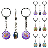 Fashion Time Gem Keychain Key Ring, Tibetan Style, with Glass, Flat Round, platinum color plated, time gem jewelry & different designs for choice & decal, lead & cadmium free, 25mm, 3Strands/Bag, Sold By Bag