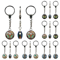 Tibetan Style Key Chain, with Glass, Flat Round, platinum color plated, time gem jewelry & Unisex & different designs for choice & decal, lead & cadmium free, 25mm, 3Strands/Bag, Sold By Bag