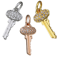 Cubic Zirconia Micro Pave Brass Pendant, Key, plated, micro pave cubic zirconia, more colors for choice, 8x15x3mm, Hole:Approx 3mm, 50PCs/Lot, Sold By Lot