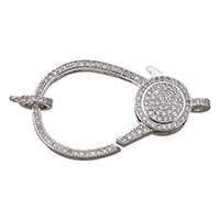 Brass Lobster Clasp, platinum plated, with loop & micro pave cubic zirconia, 23x40x7mm, 8x10x1.5mm, Hole:Approx 1.5mm, 2.5mm, 5PCs/Lot, Sold By Lot