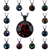 Zinc Alloy Sweater Necklace with iron chain & Glass Flat Round electrophoresis Zodiac symbols jewelry & time gem jewelry & Unisex & oval chain & decal lead & cadmium free 25mm Length Approx 27.5 Inch Sold By Bag