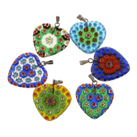 Millefiori Lampwork Pendant, with Tibetan Style bail, Heart, handmade, mixed colors, 26.50x24x3.50mm, Hole:Approx 2mm, Sold By PC