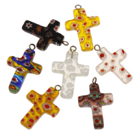 Millefiori Lampwork Pendant, with Tibetan Style bail, Cross, handmade, mixed colors, 18.50x26.50x3.50mm, Hole:Approx 2mm, Sold By PC