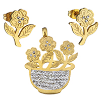 Rhinestone Stainless Steel Jewelry Set, pendant & earring, with Rhinestone Clay Pave, Flower, gold color plated, for woman, 29.5x39mm, 13.5x16mm, Hole:Approx 4mm, Sold By Set