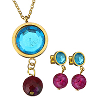 Crystal Jewelry Sets, earring & necklace, Stainless Steel, with Dragon Veins Agate & Crystal, with 2Inch extender chain, gold color plated, oval chain & for woman, 18.5x44mm, 1.5mm, 28mm, 10x14mm, Length:Approx 17 Inch, Sold By Set