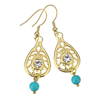 Gemstone Earrings, aço inoxidável, with Pintado de Jade, cromado de cor dourada, para mulher & com strass, 58mm, 6x9mm, vendido por par