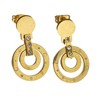 Stainless Steel Drop Earring gold color plated for woman & with rhinestone 28mm 16mm Sold By Pair
