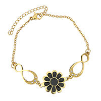 Stainless Steel Jewelry Bracelet, with 2Inch extender chain, Flower, gold color plated, oval chain & for woman & enamel & with rhinestone, 23x17mm, 2mm, Sold Per Approx 7 Inch Strand