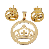 Fashion Stainless Steel Jewelry Sets pendant & earring Flat Round gold color plated for woman & hollow 10mm Approx Sold By Set