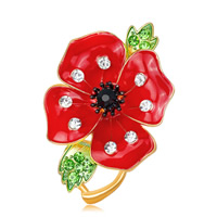Rhinestone Brooch, Tibetan Style, Poppy, gold color plated, for woman & enamel & with rhinestone, nickel, lead & cadmium free, 32x49mm, 3PCs/Lot, Sold By Lot