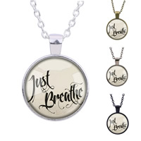 Unisex Necklace Zinc Alloy with iron chain & Glass Flat Round plated time gem jewelry & oval chain & with letter pattern & decal lead & cadmium free 25mm Length Approx 27.5 Inch Sold By Bag