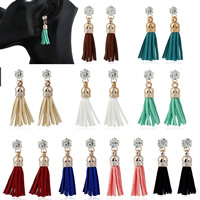 Tibetan Style Tassel Earring, with Velveteen Cord & Nylon Cord, stainless steel post pin, gold color plated, with rhinestone, more colors for choice, lead & cadmium free, 45x20mm, Sold By Pair
