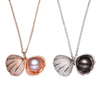 Freshwater Pearl Brass Necklace, with cardboard box & Freshwater Pearl, with 5cm extender chain, plated, oval chain & with cubic zirconia, more colors for choice, nickel, lead & cadmium free, 18x18x12mm, 70x82.5x35mm, Sold Per Approx 15.5 Inch Strand