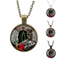 Unisex Necklace, Tibetan Style, with iron chain & Glass, Flat Round, plated, time gem jewelry & oval chain & decal, more colors for choice, lead & cadmium free, 25mm, Length:Approx 27.5 Inch, 3Strands/Bag, Sold By Bag