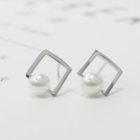 Freshwater Pearl Earrings 925 Sterling Silver with South Sea Shell Rhombus platinum plated natural & for woman 5mm Sold By Pair
