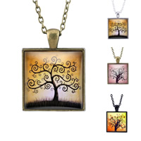 Zinc Alloy Sweater Necklace with iron chain & Glass Square plated tree of life design & time gem jewelry & Unisex & oval chain & decal lead & cadmium free 25mm Length Approx 27.5 Inch Sold By Bag