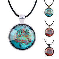Unisex Necklace Zinc Alloy with Waxed Linen Cord & Glass Flat Round plated time gem jewelry & decal lead & cadmium free 25mm Length Approx 17.5 Inch Sold By Bag