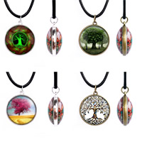 Tree Of Life Necklace, Tibetan Style, with Waxed Linen Cord & Glass, Flat Round, plated, time gem jewelry & Unisex & decal, more colors for choice, lead & cadmium free, 25mm, Length:Approx 17.5 Inch, 3Strands/Bag, Sold By Bag